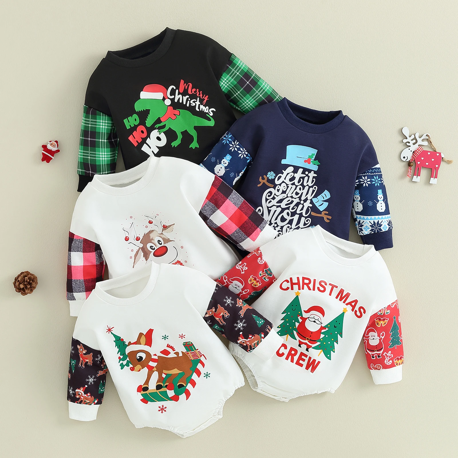 

2023 модные рождественские комбинезоны для новорожденных, одежда с принтом Санта-Клауса/буквы/оленя, лоскутные свитшоты с длинным рукавом, комбинезоны