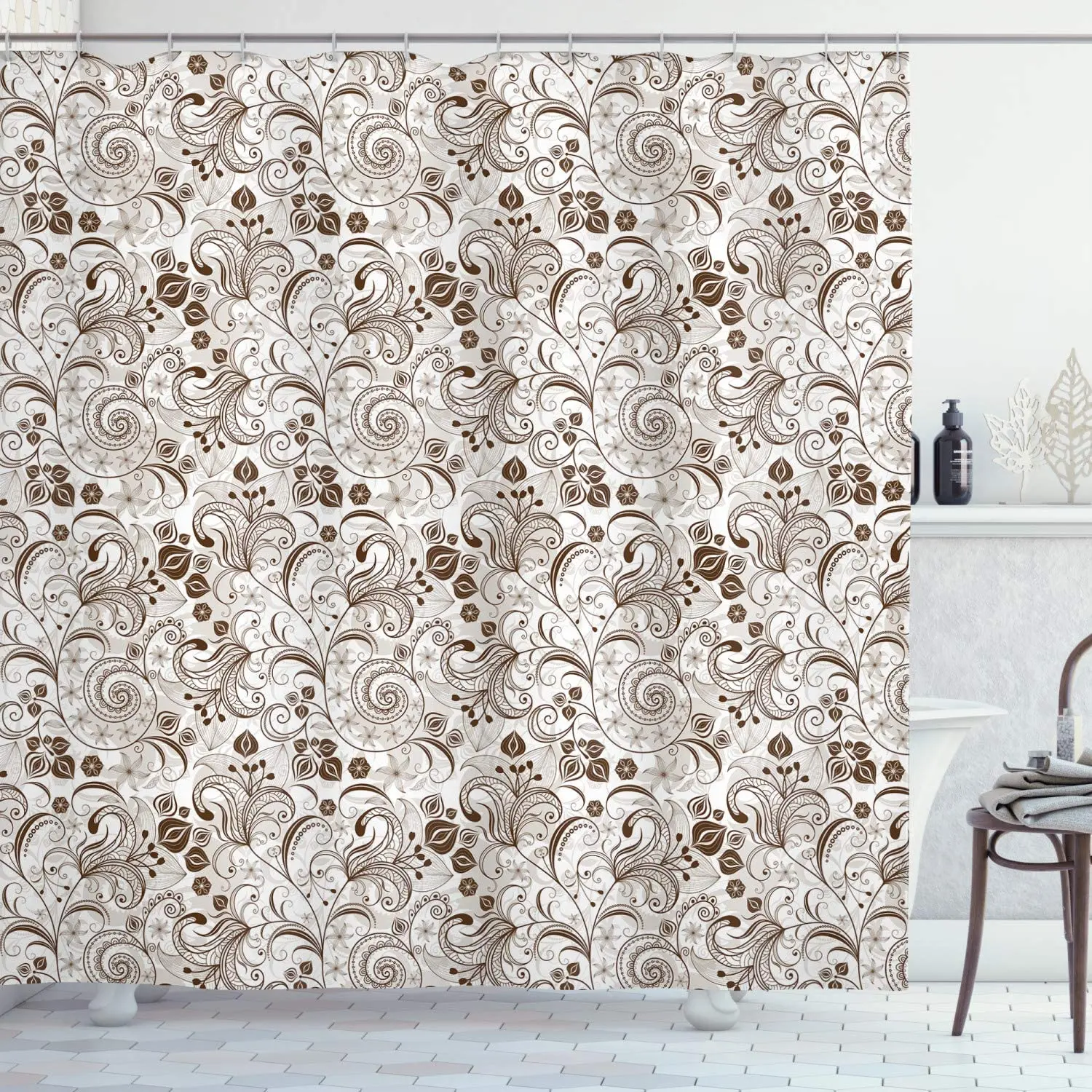 Занавеска для душа шоколадная классическая викторианские цветы и листья