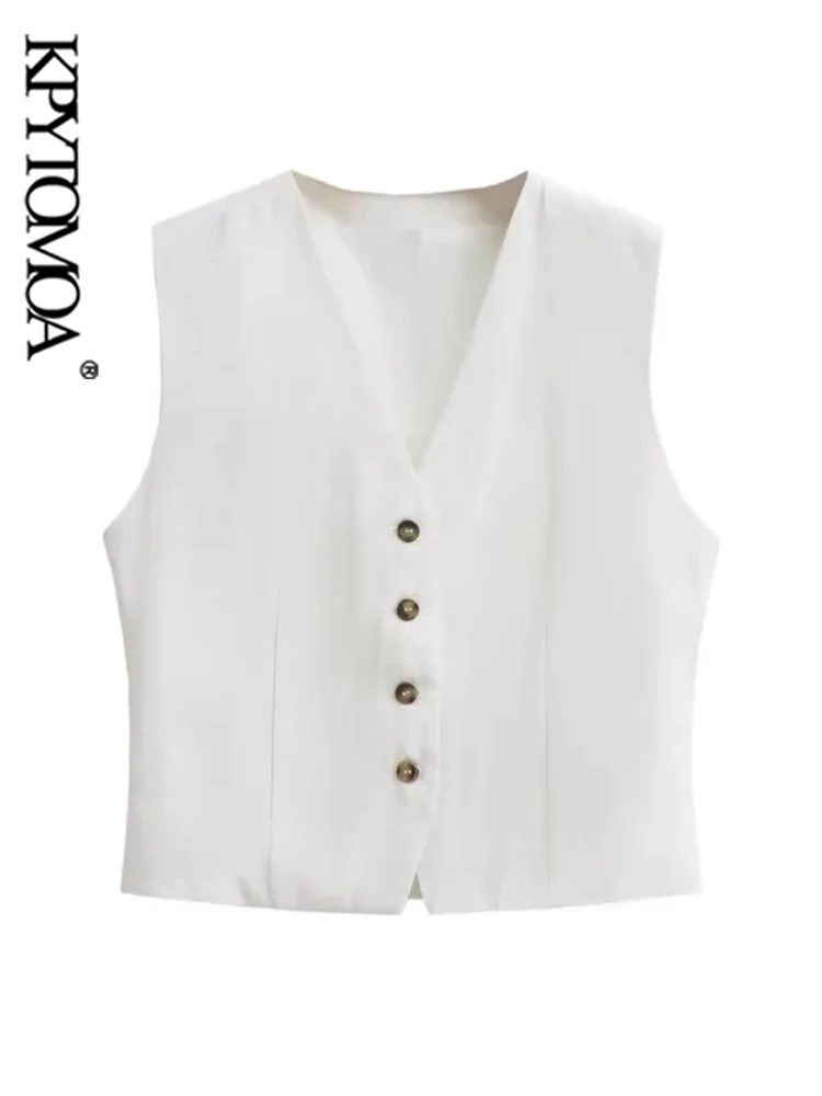 

KPYTOMOA Women Fashion Front Button Linen Waistcoat Vintage V Neck Sleeveless Female Outerwear Chic Vest Tops