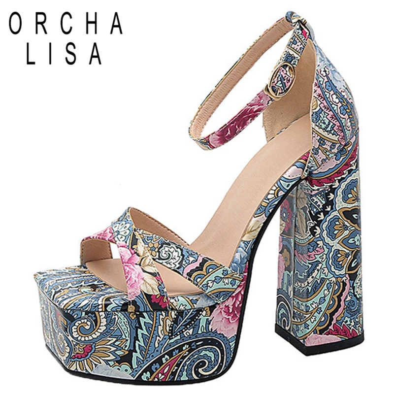 

ORCHALISA Women Sandals Platform Ankle Buckle Strap Big Size 33-43 Peep Toe Block Heels Printed Mix-Color Blue Pink Summer S3549