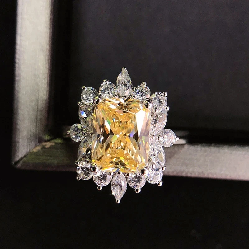 

ZHIXUN Square Yellow CZ Stone Luxury Women's Ring for Evening Party Elegant Lady Finger-rings Anniversary Gift Fashion Jewelry