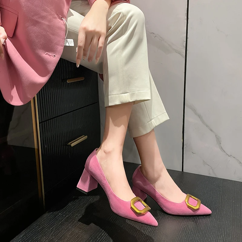 34-39 pink pointed frosted sheepskin metal buckle high heeled sheepskin insole thick heeled women's shoes