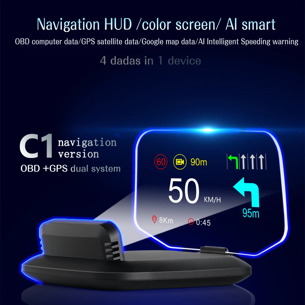 

Проекционный дисплей C1 HUD OBD2 с HD-навигацией, GPS-навигация, Bluetooth, с предупреждением о превышении скорости/об/мин/напряжении, автомобильные запчасти