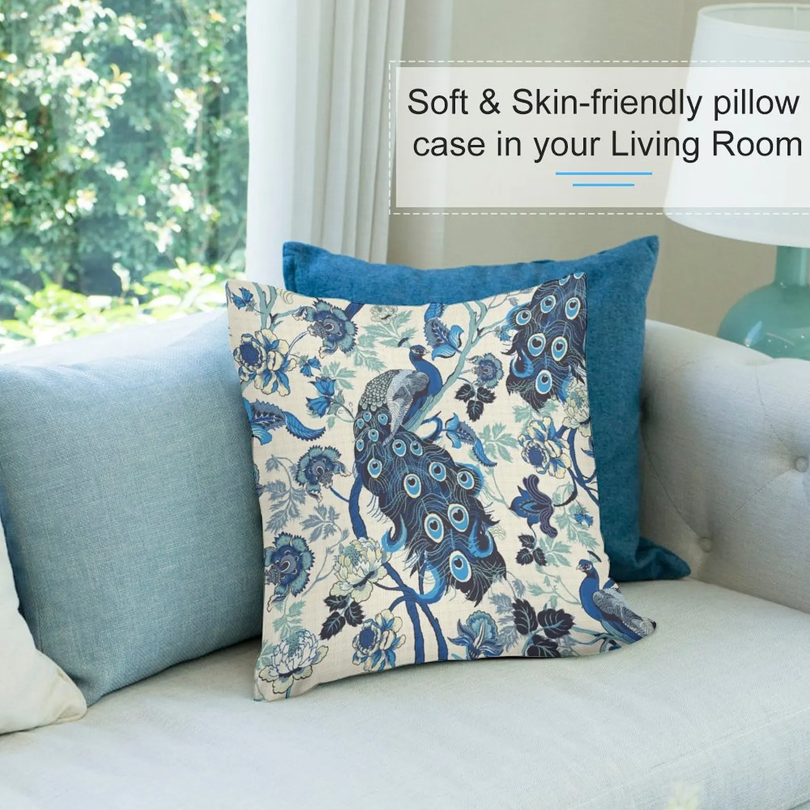 Китайская синяя Павлин льняная Подушка винтажная декоративная подушка