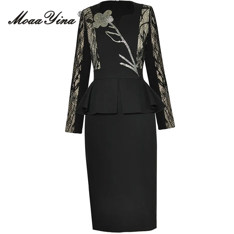 MoaaYina осеннее модное Дизайнерское черное винтажное сращенное Платье женское
