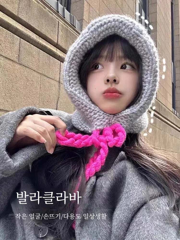 Балаклава шапка женская новая осенне-зимняя теплая шерстяная вязаная с ушками