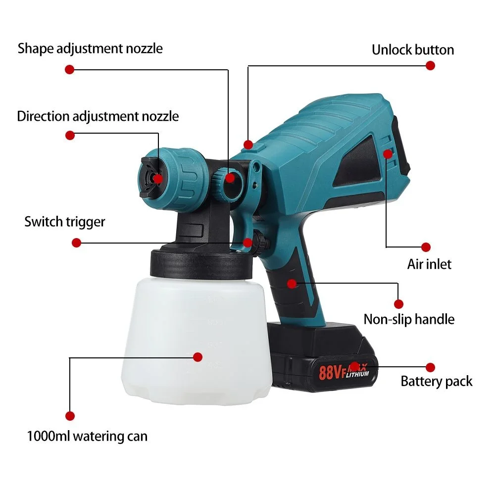 

88VF 600W 1000ML Cordless Electric Spray Gun with 3Nozzle Flow Control Airbrush High Power Paint Sprayer For Makita 18V Battery