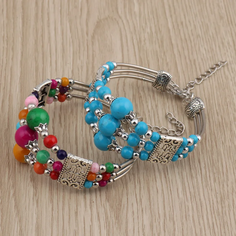

New Trendy Bohemia Natural Stone Beads Round Bracelets Multilayer Bangles for Women Vintage Hands Chain Jewelry Accessories Gift