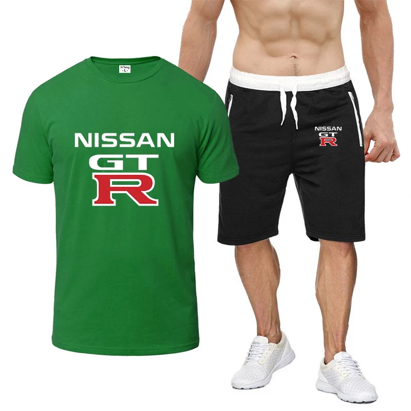 

2023 New Men's Fashion Nissan GTR Printing Solid Cotton Short Sleeve Slim Fit Classic Casual ST-Shirts Sweatpants 2-Piece Set