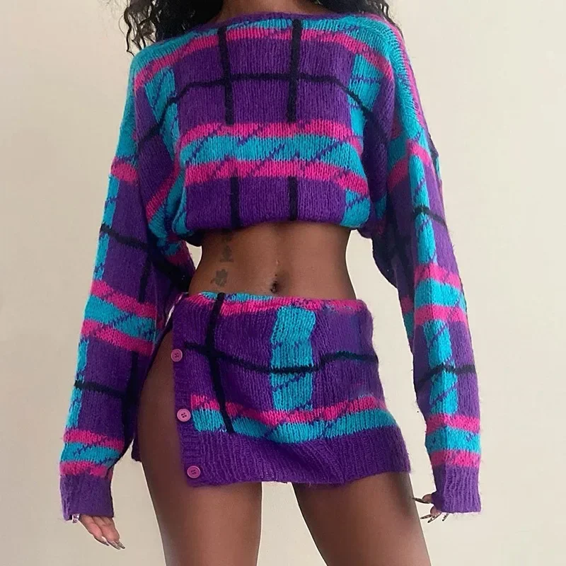 

Женский трикотажный комплект из 2 предметов, эластичный хипстерский клетчатый бандажный топ с открытой спиной и юбка на пуговицах с разрезом, подходящая уличная одежда, осенний костюм