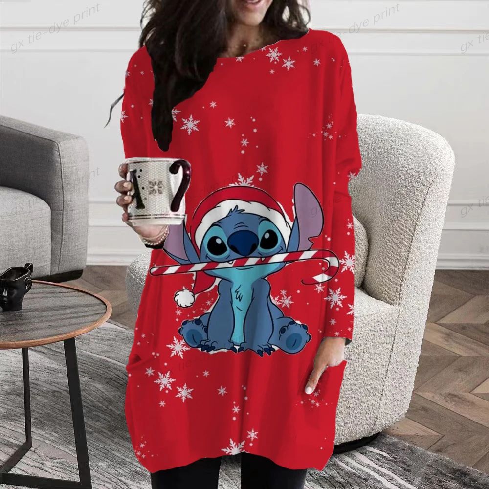 Vintage Disney Stitch Print O Neck Pullover T-Shirt Women Christmas Print Casual Loose Street Daily Basic Tops Long Sleeve Tees