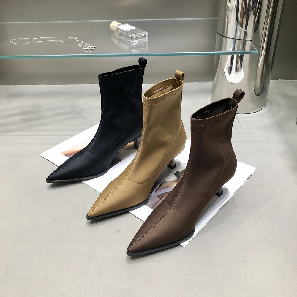 

Lycra Women Ankle Boots Pointed Toe Sock Booties Thin Mid Heels Black Brown Khaki Sewing Design Ladies Autumn Winter Booties 39