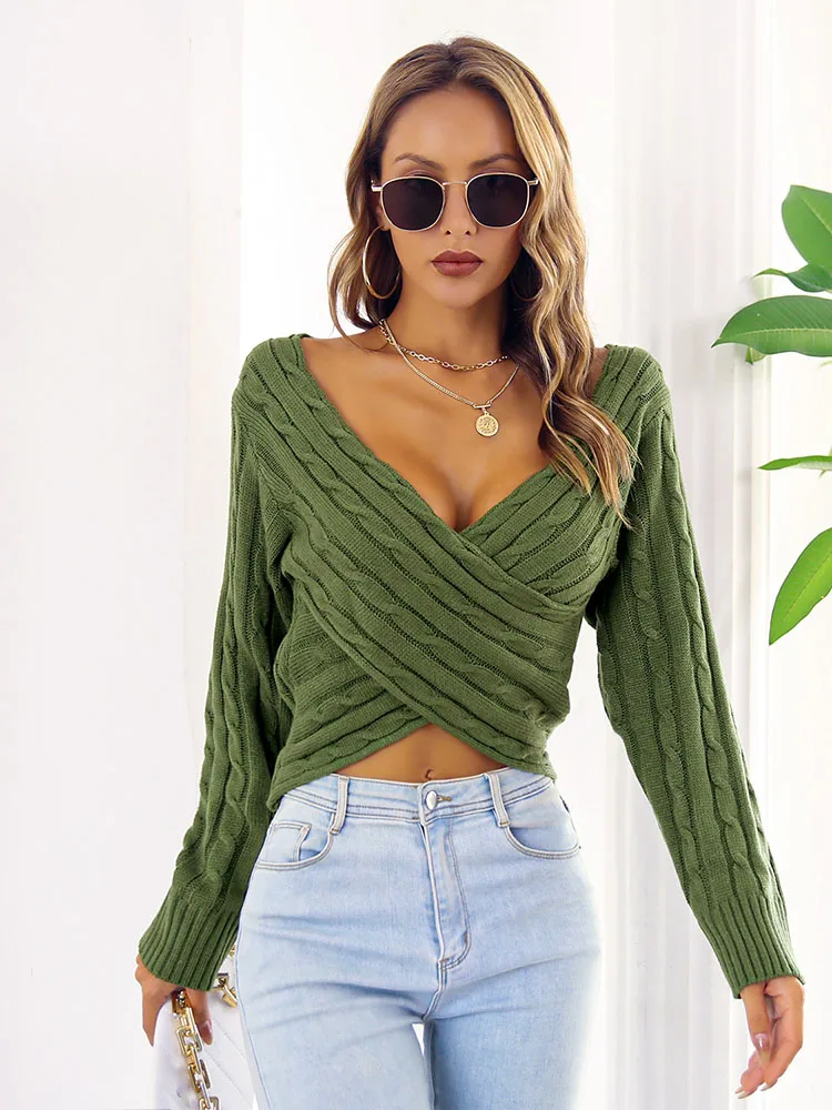 

New Autumn Winter Fashion Sexy Women Sweaters V-neck Pullover Solid Streetwear Casual Slim Aesthetic Long Sleeves Female Clothes