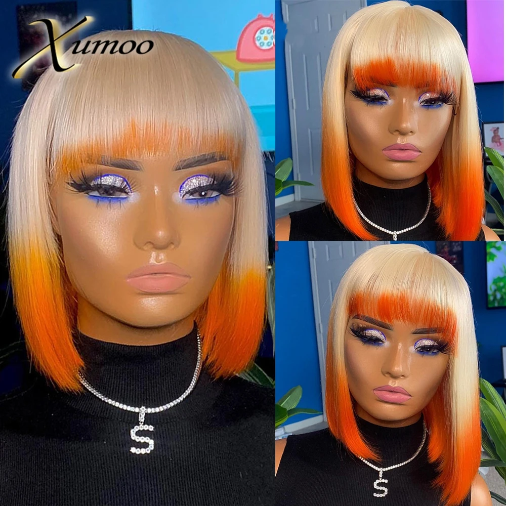 Pixie Cut Short Bob Straight 613 Orange Ginger Ombre Color Human Hair Glueless 13x4 Lace Frontal Wig with Bangs For Women Remy