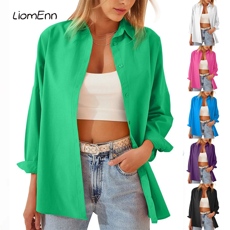 

Casual White Shirts Button Lapel Cardigan Top Lady Loose Chic Long Sleeve Office Shirt Womens Blouses Spring Black Blusas Mujer