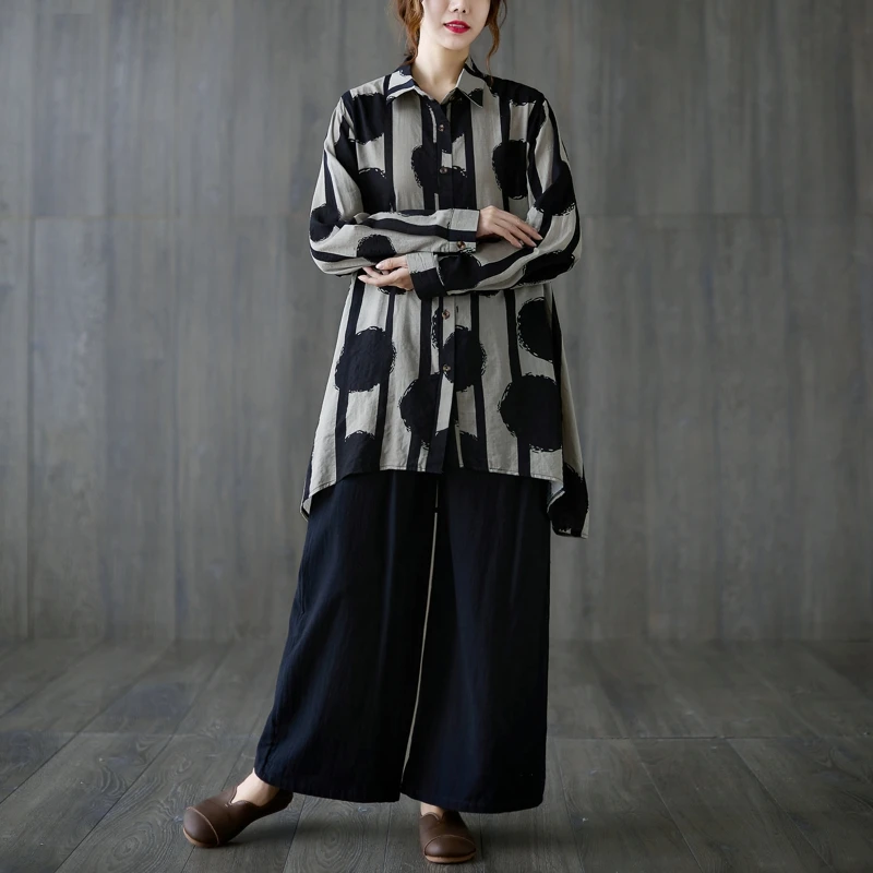 

SuperAen 2022 Spring Cotton and Linen Full Turn Down Collar Shirt Women Casual Printing Jacket