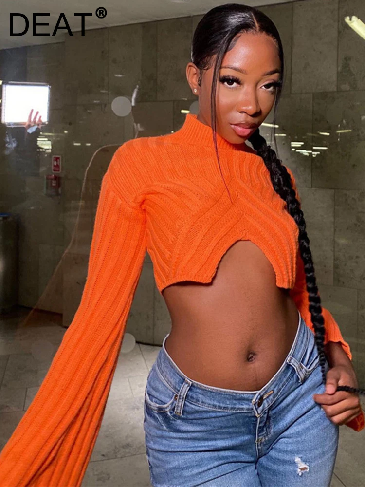 

Женский трикотажный пуловер с круглым вырезом DEAT, однотонный облегающий короткий свитер с расклешенными рукавами и высокой талией, осень ...