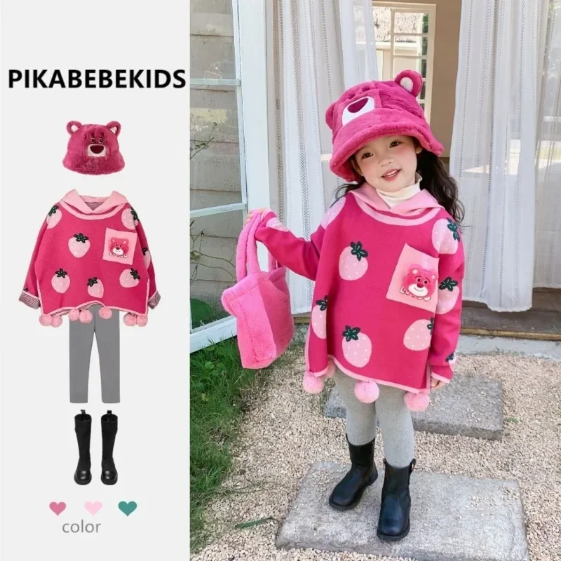 

Disney Lotso Girls Hooded Knitted Sweater Long Sleeve Autumn Winter Kawaii Warm Pink Strawberry Tops Kids Clothes Birthday Gift