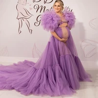 purple maternity gowns puff sleeves a line womens pregnant dress 2022 pleat illusion tulle sexy photo shoot dresses long