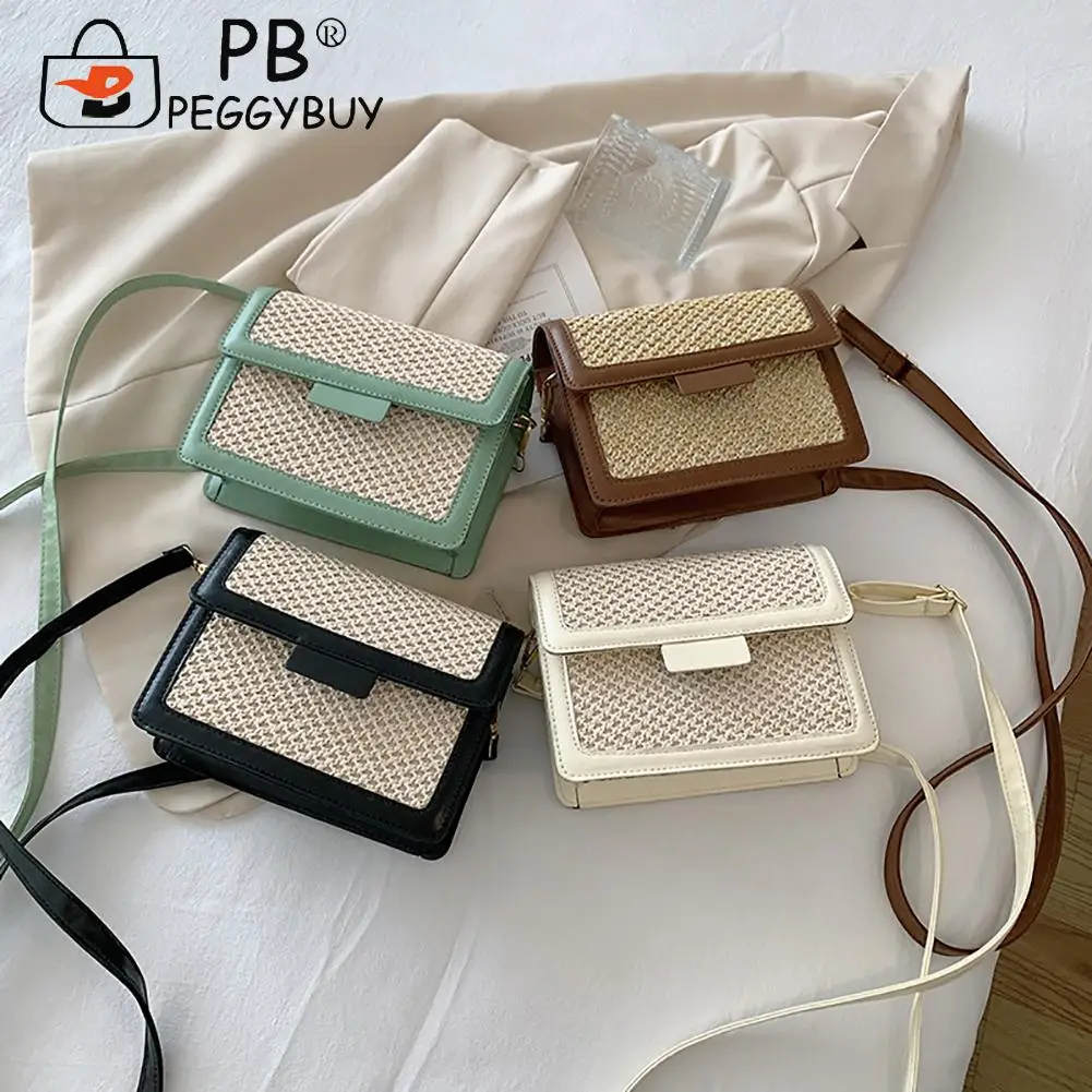 

Portable Summer Beach Travel Handmade Straw Square Shoulder Crossbody Bags Lady Fashion PU Leather Stitching Woven Handbag