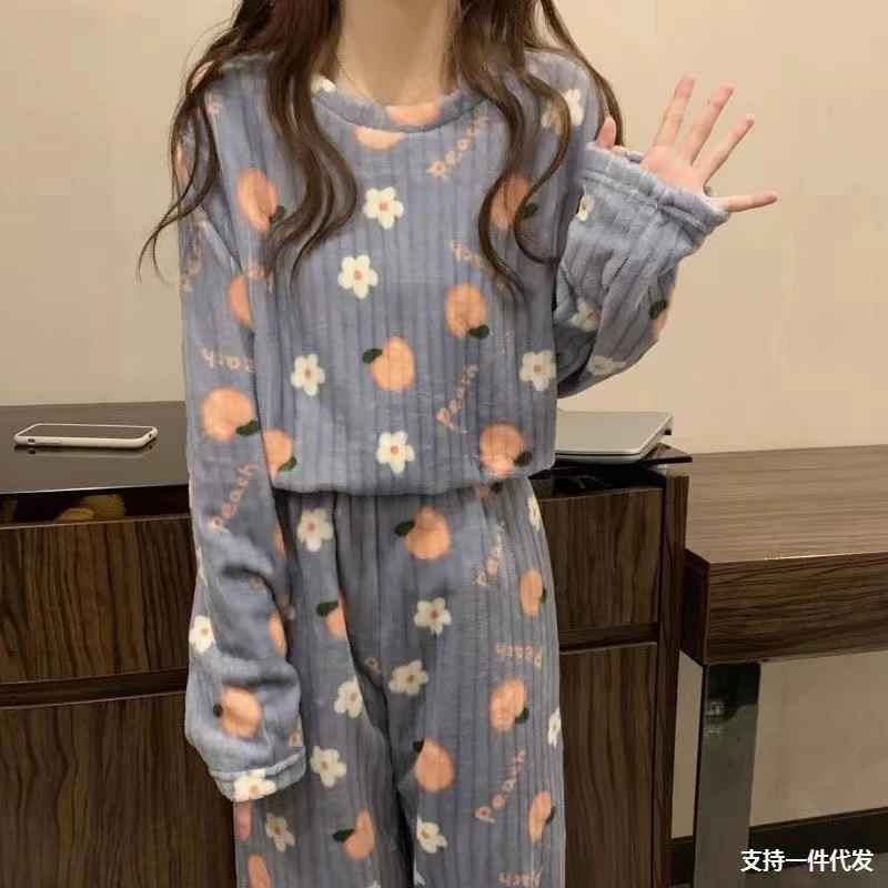 

Autumn Winter Warm Flannel Pajamas Set for Women Students Cute Plus Velvet Thicken Loose Sleepwear Set Coral Velvet Home Clothes