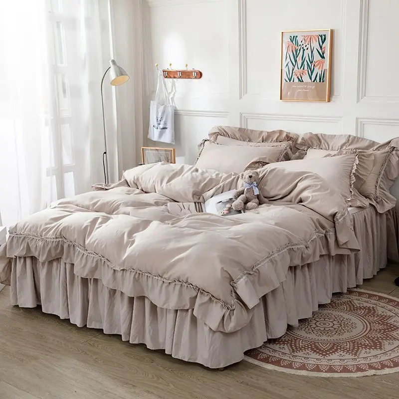 Solid Color Bed Complete Set of Textile Supplies 4pcs Milk Tea Color Double Queen Size 1.8 Bed. Princess Bed Skirt Pure Cotton