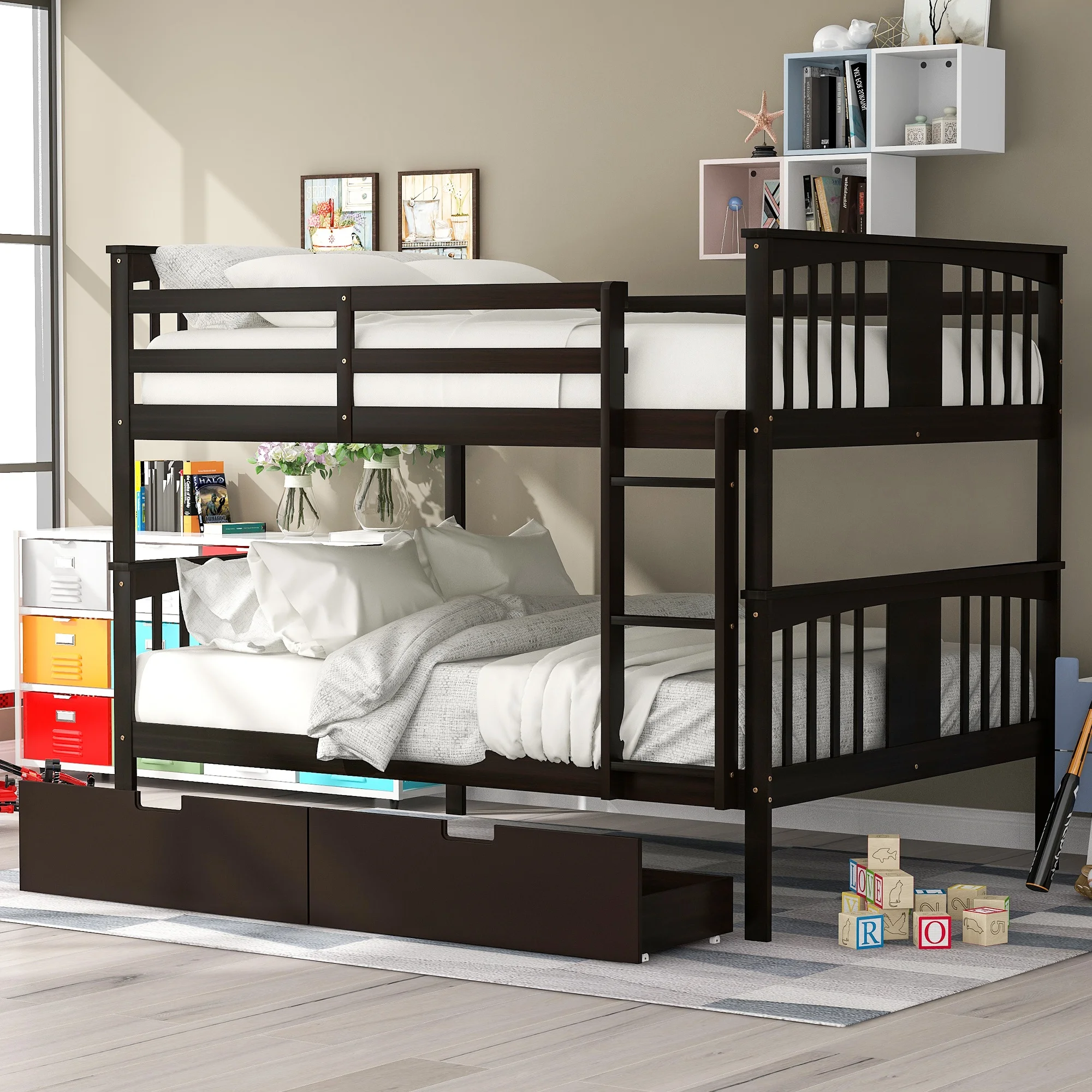 

Home Modern Wooden Furniture Bedroom Furniture Beds Frames Bases Full Over Full Bunk Bed With Drawers Ladder For Room Espresso