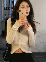 ledp fashion thin section perspective knitted short cardigan womens long sleeved short pullover summer slim sunscreen top women