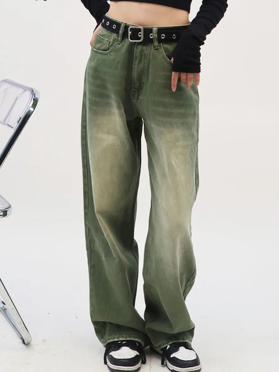 

Американские Ретро мешковатые джинсы, женские зеленые свободные прямые джинсовые брюки унисекс Y2k