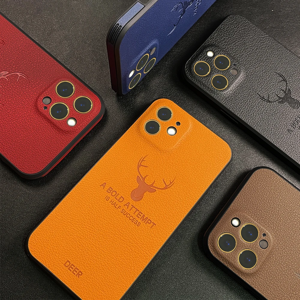 

Luxury Leather Texture Case for iPhone 14 13 12 11 Pro Max Mini XR XS Deer Shockproof Square Frame Camera Protective Cover