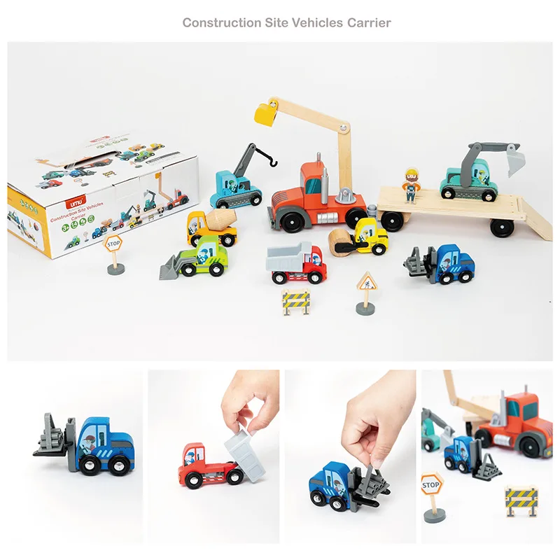 

Construction Site Vehicles Carrier Boys Engineering Car Model Excavating Earth Roller Lifting Truck Building Blocks Wooden Toys