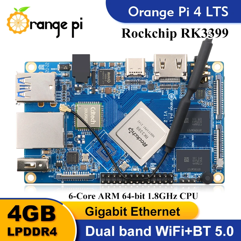 

Clearance Orange Pi 4 Lts Single Board Computer 4GB DDR4 RAM RK3399 Wifi BT5.0 Development Board Run Android Ubuntu Debian OS