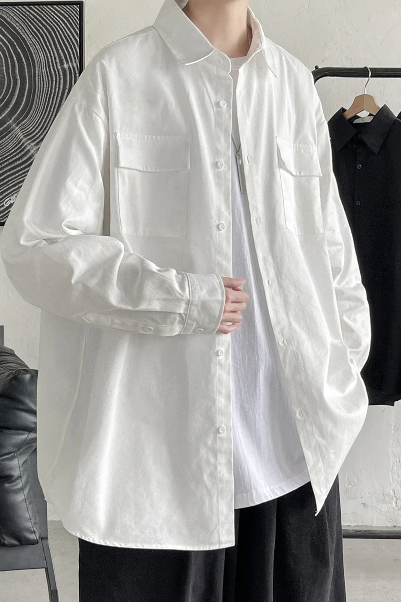 EOENKKY/Men Preppy Trendy Solid Shirt Mens Spring Autumn Streetwear Shirts Male Long Sleeve Oversize Casual Loose Outerwear
