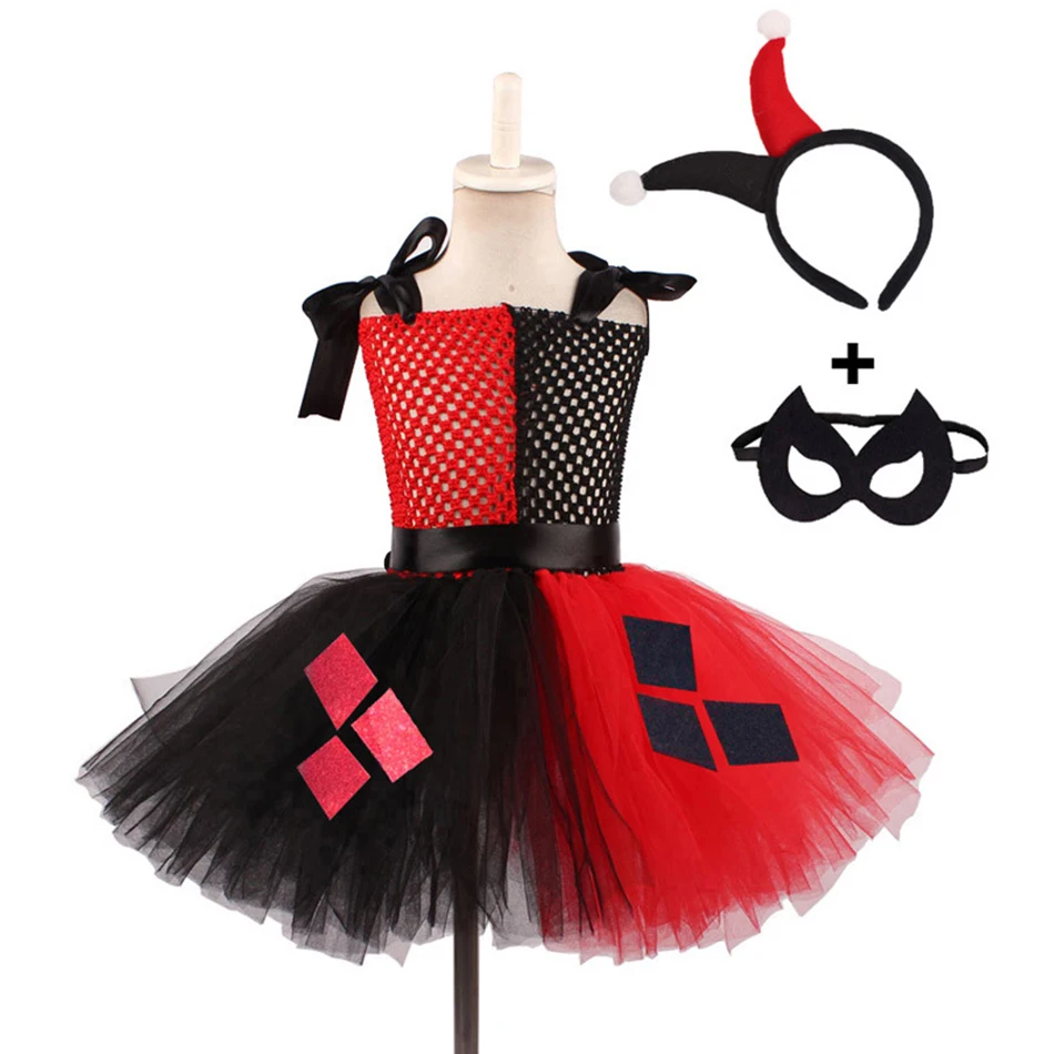 

Princess Dress Black And Red Patchwork Polyester Ball Gown With Little Devil Hairband Girl Fashion Halloween Cosplay Costume