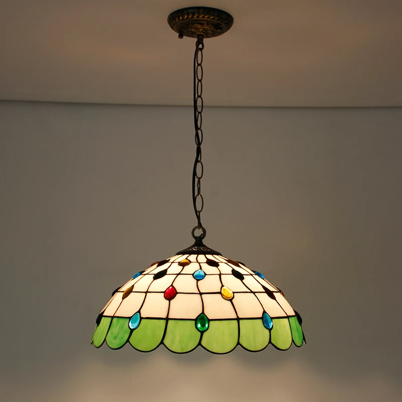 

Retro Tiffany Pendant Lights Suspended ceiling lamp living room pearl phoenix tail design Stained Glass shape 16" blue green L