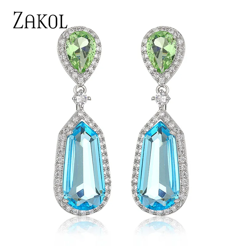 

ZAKOL Luxury Ocean Blue Cubic Zirconia Drop Earrings for Women Fashion Bridal Dinner Long Dangle Earring Jewelry