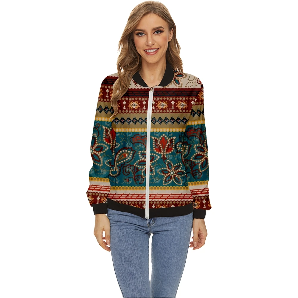

Women Autumn Fashion Vintage Printing Zipper Jacket Tops Long Sleeves Casual Baseball Collar Coat Slim Jacket