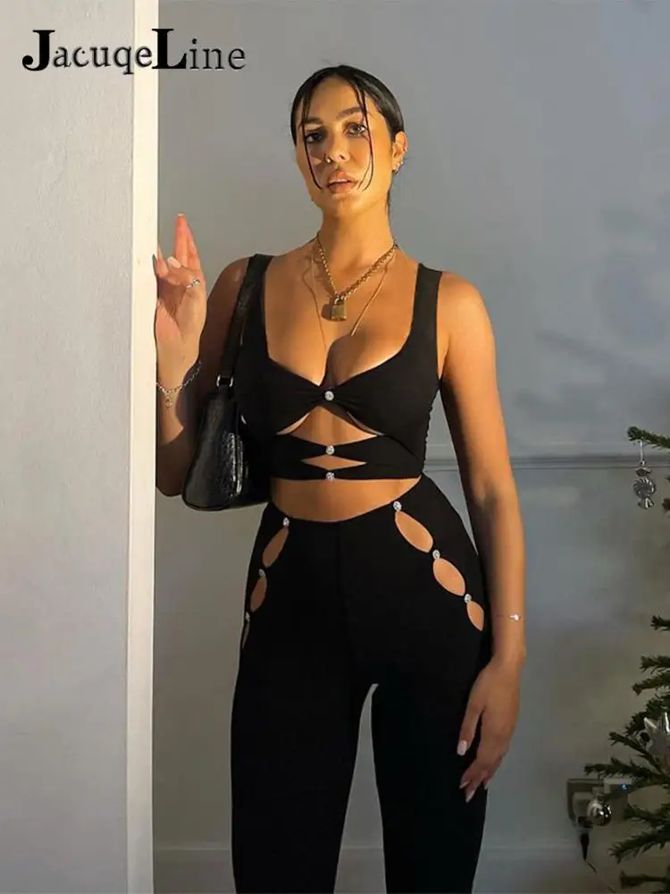 Черные брюки с вырезами топ лямкой на шее и высокой талией комплект из 2 предметов