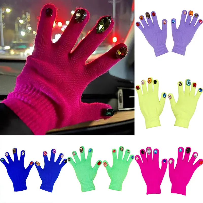 

Winter Warm Knitted Gloves Rhinestones Gloves Knitting Finger Nail Gloves for Women Fashion Nail Enhancement Gloves