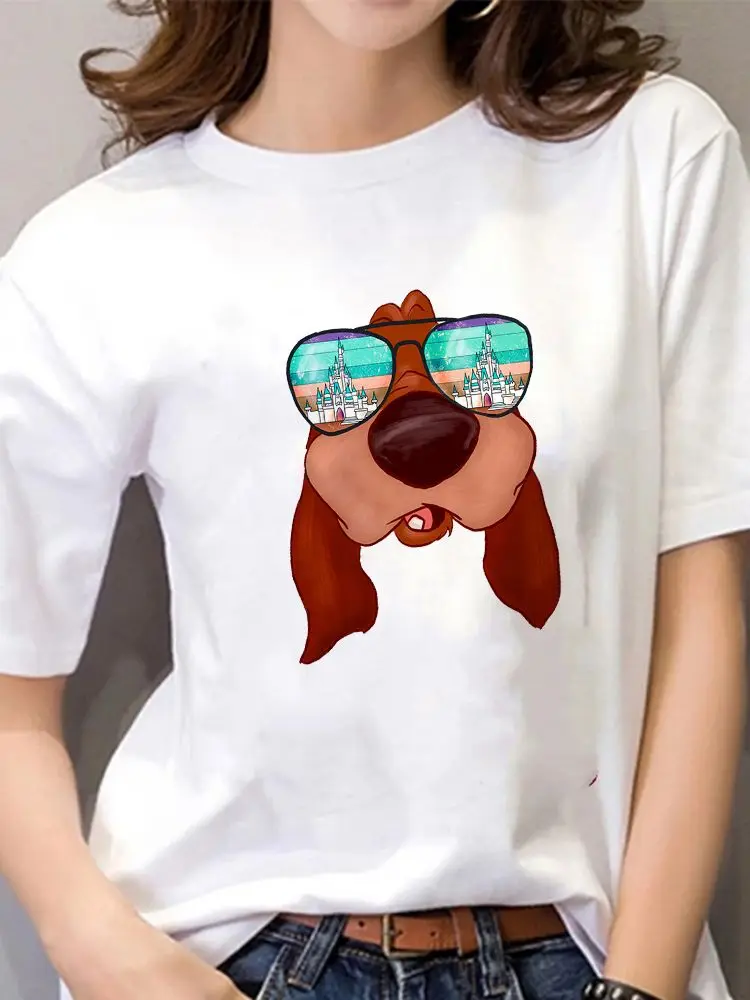 

Summer Women Disney T-Shirt White Trendy New Products Wearing Sunglasses Series Tshirt Sunglasses Print Castle Tshirt Hound Kapp