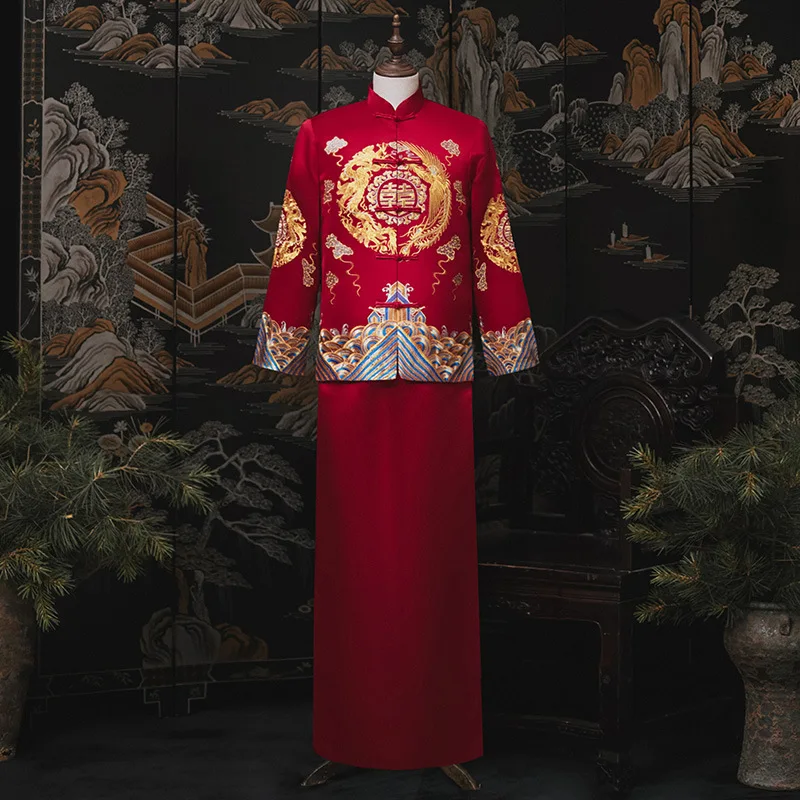 

2022 men's chinese wedding clothes groom's dress tang suit dragon-phoenix red hanfu suit g104