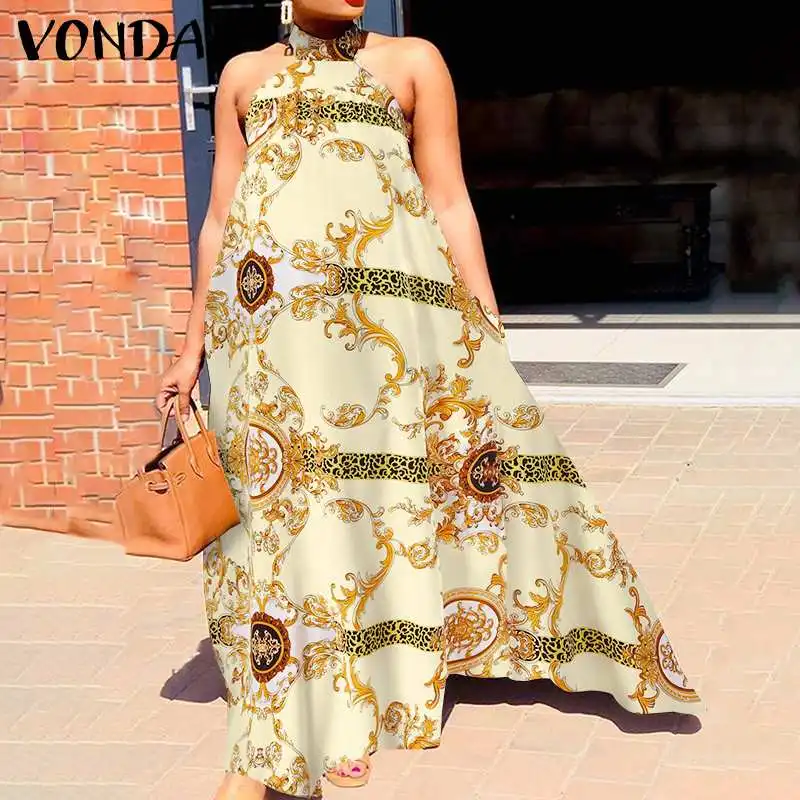 

VONDA 2022 Printed Maxi Dress Femme Women Vintage Sleeveless Off Shoulder Halter Dress Holiday Party Vestidos Summer Long Robes