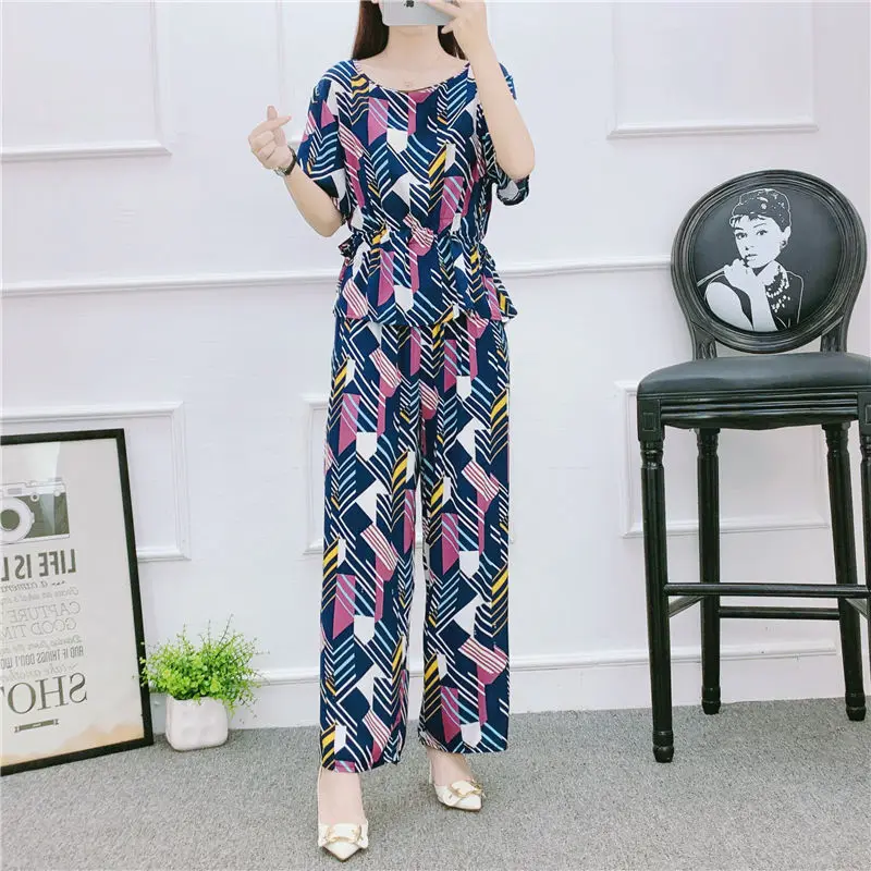 

Women 2022 Summer Fashion Suits Female Short Sleeve Loose Printed T-shirt Tops + Casual Wide Leg Pants Ladies Two-piece Sets W67