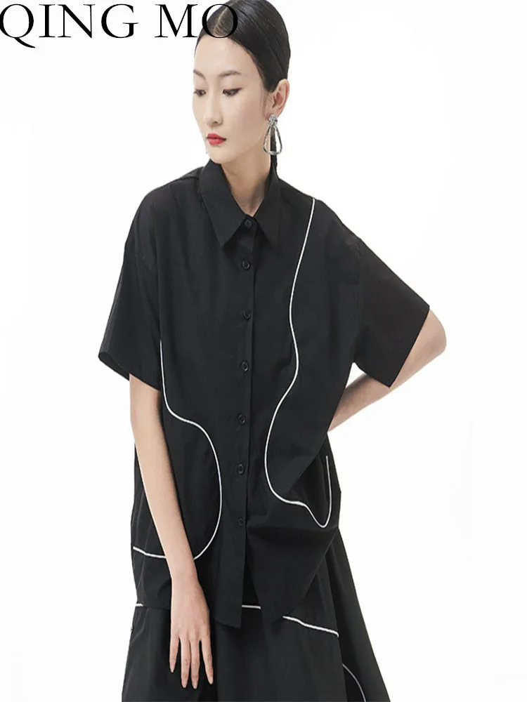 

QING MO Woman Large Size Short Sleeve Shirt 2023 Summer The New Fashion Line Splicing Solid Color Single-breasted Shirt LHX269A