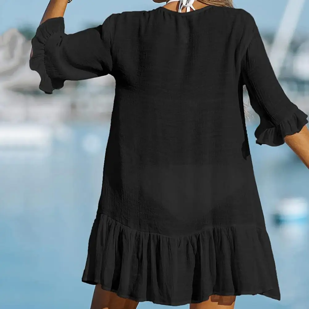 

Cover Up Shirt V-neck Cover Up Dress Solid Color Sun Protection Shirt Dress