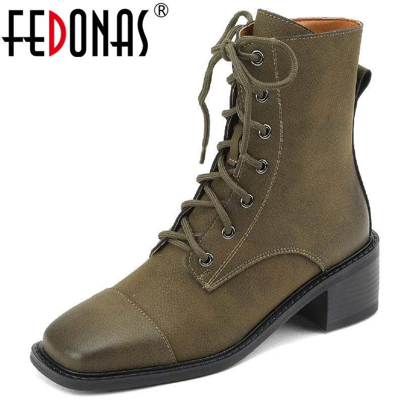 

FEDONAS Square Toe Thick Heels Women Ankle Boots Autumn Winter Office Ladies Genuine Leather Cross-Tied Shoes Woman 2023 Fashion