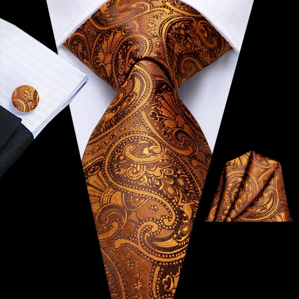 

Orange Paisley 2023 New Elegant Men's Ties Hanky Cufflinks Set Silk Neckties For Men Wedding Party Business Fashion Brand Hi-Tie