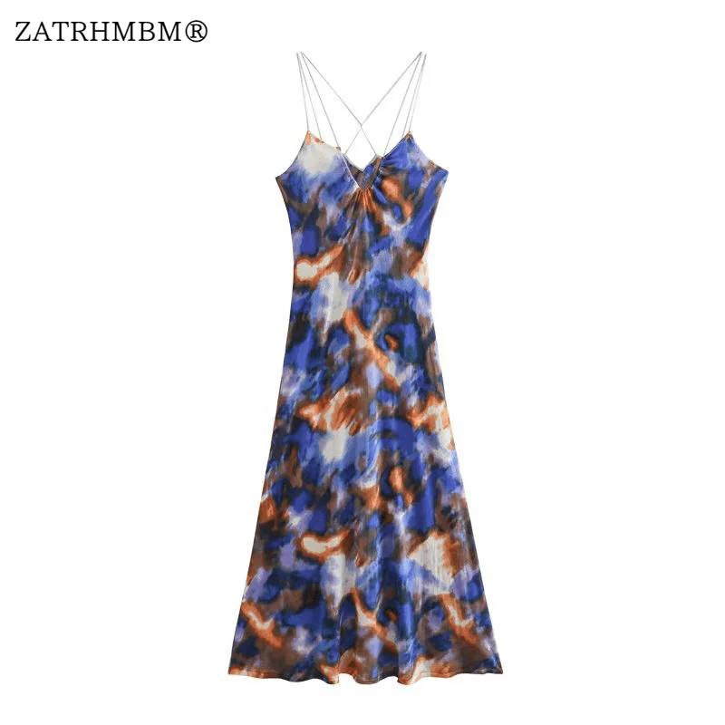 

ZATRHMBM Women 2023 Summer Fashion Tie-Dye Midi Dress Vintage Spaghetti Straps Elegant Female Dresses Vestidos Mujer