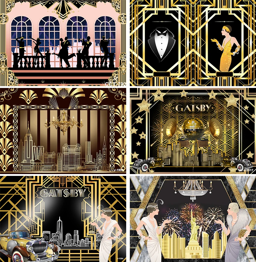 

Great Gatsby Theme Birthday Party Photography Background Black Golden Line Customize Birthday Party Decor Backdrops Banner