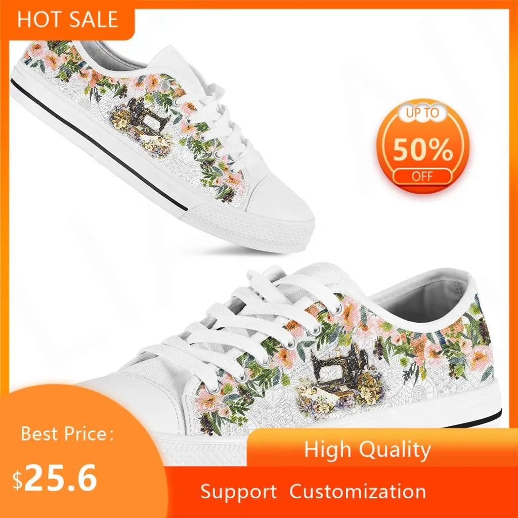 

BKQU Women's White Canvas Sneakers Sewing Machine Flower Vulcanized Shoes Woman Sneakers Low Top Canvas Shoes Summer Sneaker